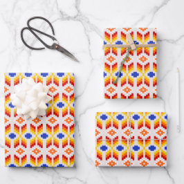 Geometrisches Pixel-Blumenmuster in Rot Orange Gel Geschenkpapier Set