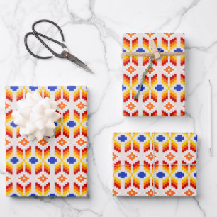 Geometrisches Pixel-Blumenmuster in Rot Orange Gel Geschenkpapier Set