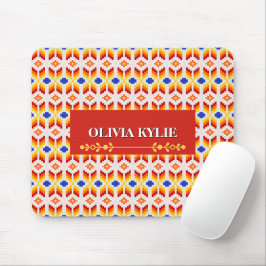 Geometrisches Pixel-Blumenmuster in Rot Orange Gel Mousepad
