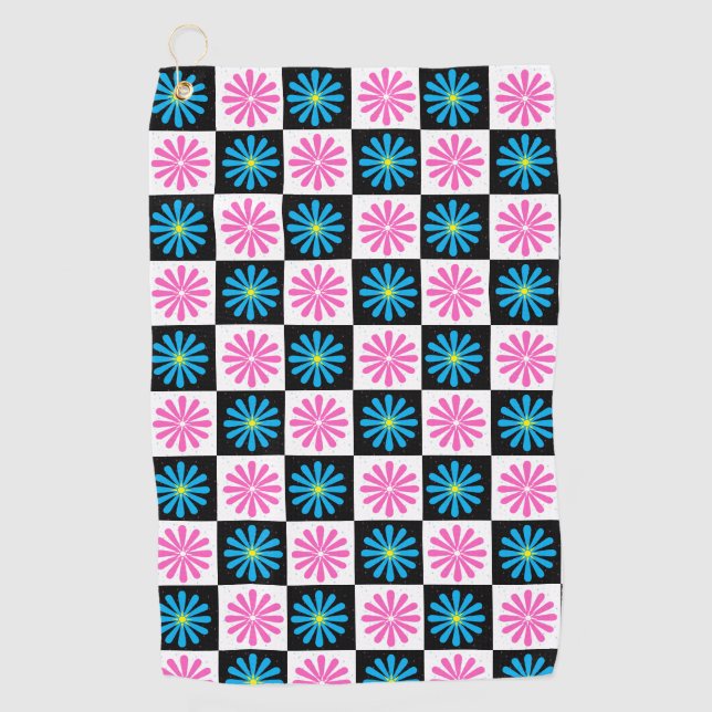 Geometrisches rosa blaues Blumenmuster Golfhandtuch (Vorderseite)