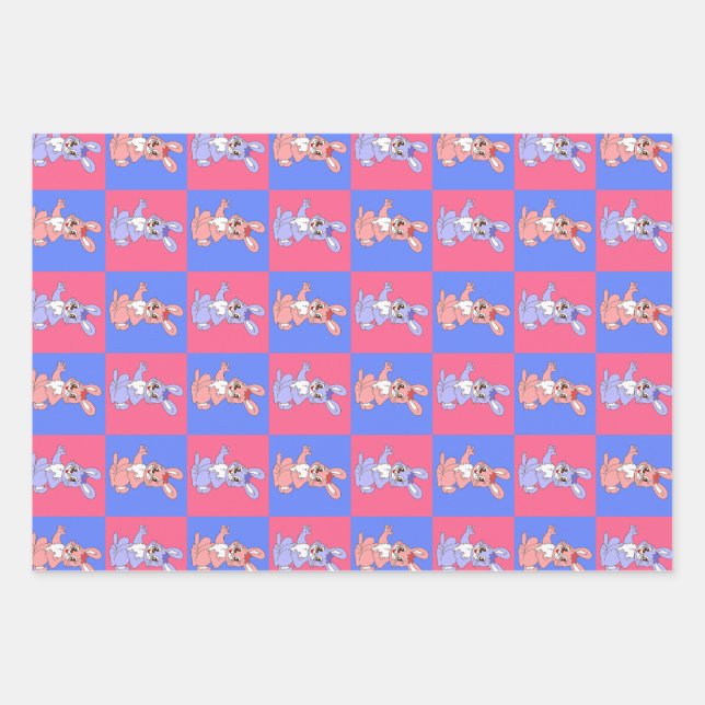Geometrisches rosa blaues Kaninchenmuster Geschenkpapier Set (Vorderseite)