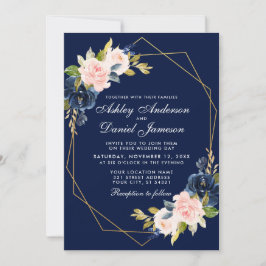 Geometrisches Rosa Blush Blue Floral Gold Hochzeit Einladung