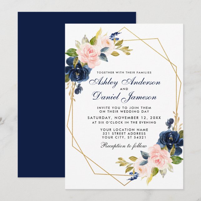 Geometrisches Rosa Blush Blues Blues Hochzeit Einladung (Vorne/Hinten)