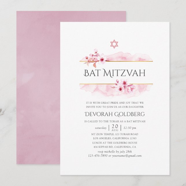 Geometrisches rosa Frühjahr Blossom Bat Mitzvah Einladung (Vorne/Hinten)
