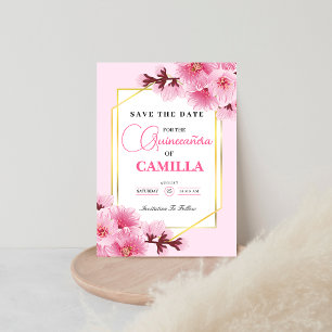 Geometrisches rosa Goldkirsche Blossom Quinceañera Save The Date