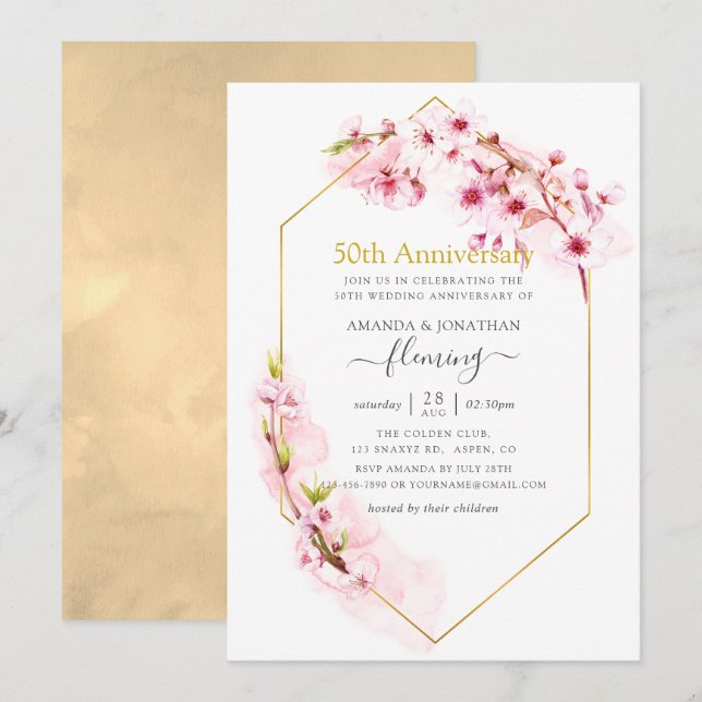 Geometrisches rosa Kirschblossom 50 Jahre alt Einladung (Vorne/Hinten)