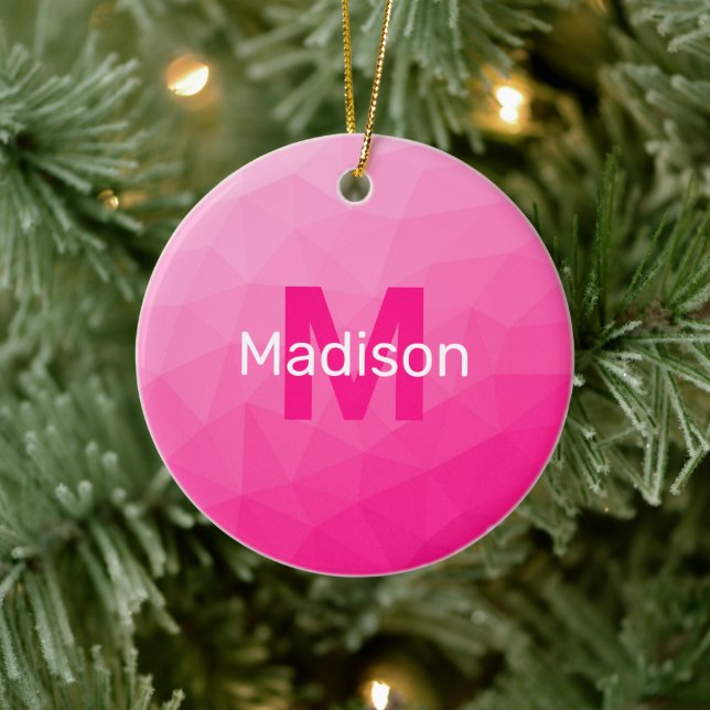 Geometrisches, rosa-ombre-Maschenmuster Monogram Keramik Ornament (Baum)