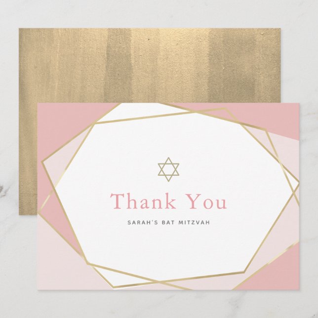 Geometrisches Rosa und Gold Bat Mitzvah Dankeskarte (Vorne/Hinten)