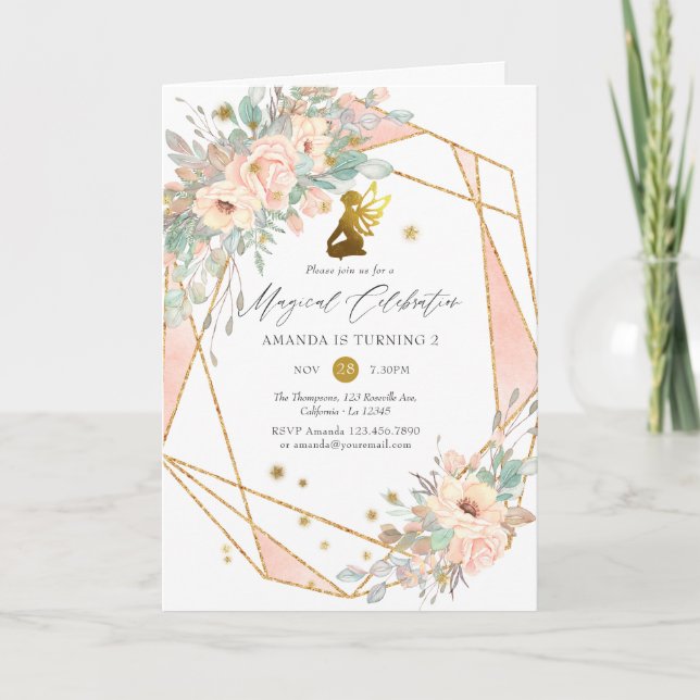 Geometrisches Rosa und Goldene Fairy 2. Party Einladung (Vorderseite)