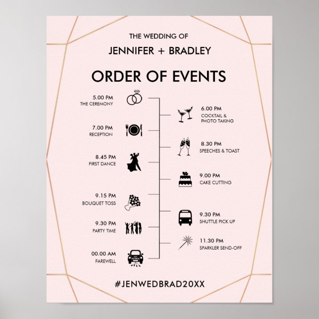 Geometrisches Rose Gold Wedding Timeline-Zeichen Poster (Vorne)
