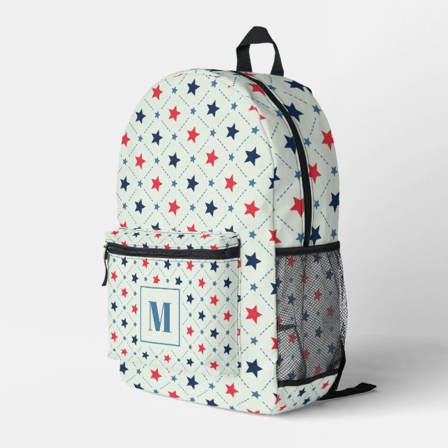 Geometrisches rotes blaues Sternchen-Punktlinienmu Bedruckter Rucksack (Rückseitige Ecke Rechts)