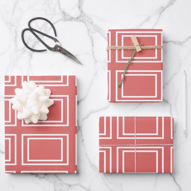 Geometrisches rotes weißes Rechteck Geschenkpapier Set (Vorderseite)