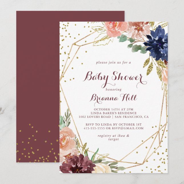 Geometrisches Rustic Gold Glitzer Kinderdusche Einladung (Vorne/Hinten)
