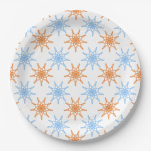 Geometrisches Schneeflockenmuster in Blau und Oran Pappteller