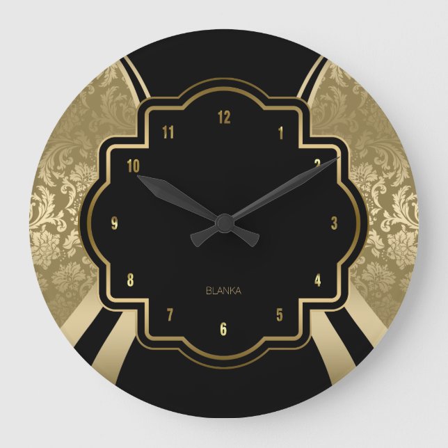 Geometrisches Schwarz-Gold-Damaske-Design Große Wanduhr (Vorderseite)