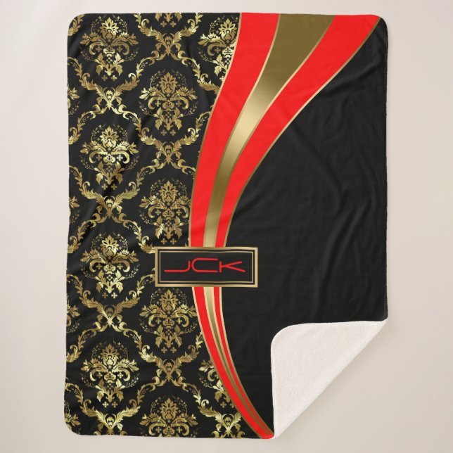 Geometrisches Schwarz-Gold-Damasken-Design Sherpadecke (Vorderseite)