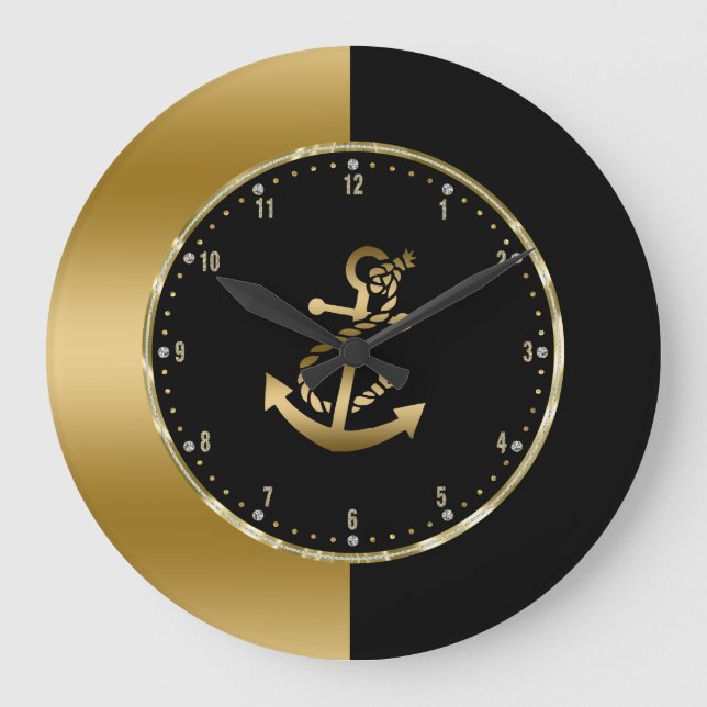 Geometrisches Schwarz-Gold-Design mit Ankerschiff Große Wanduhr (Vorderseite)