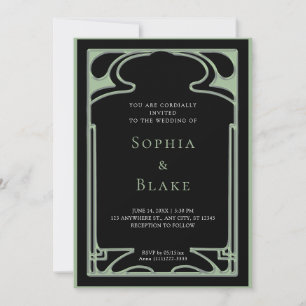 Geometrisches Schwarz-Grün-Art-Déco-Hochzeit Einladung