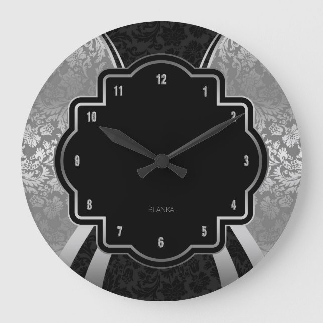 Geometrisches Schwarz-Silber-Damasdesign Große Wanduhr (Vorderseite)