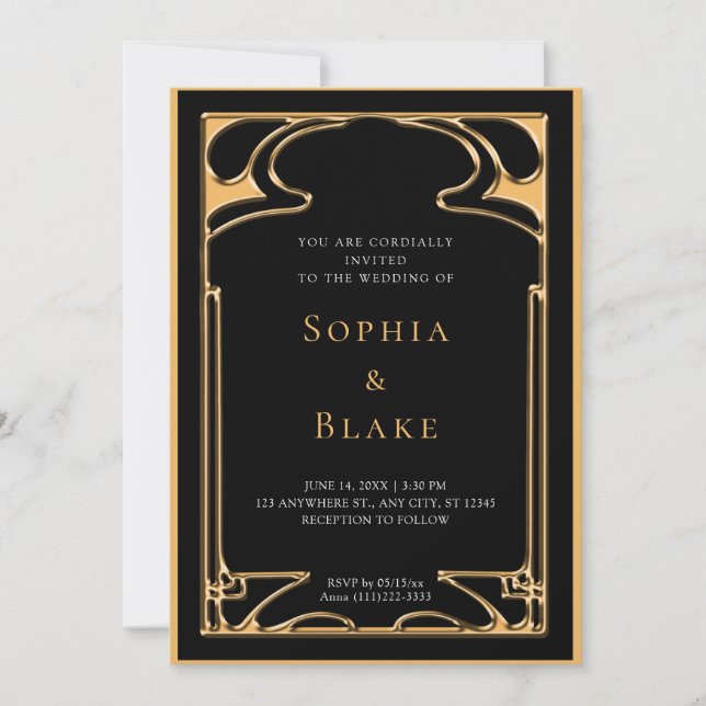 Geometrisches Schwarz und Gold Art Deco Hochzeit Einladung (Vorderseite)