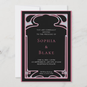 Geometrisches Schwarz und Rosa Art Déco Hochzeit Einladung