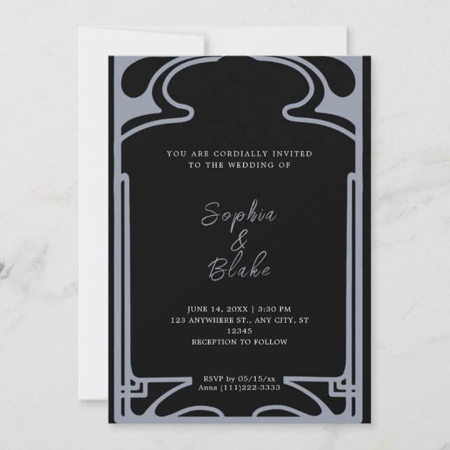 Geometrisches Schwarz und Silver Art Déco Hochzeit Einladung (Vorderseite)