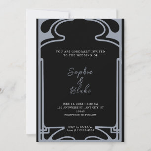 Geometrisches Schwarz und Silver Art Déco Hochzeit Einladung