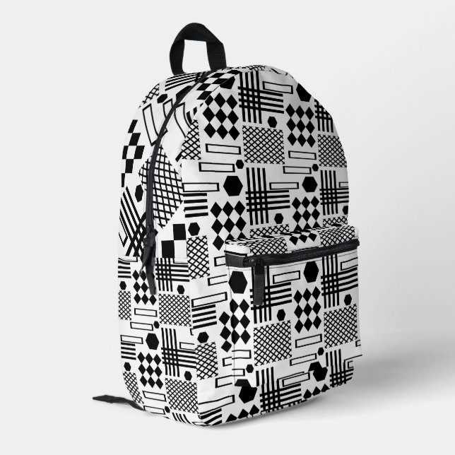 Geometrisches Schwarz-Weiß-Muster Bedruckter Rucksack (Rückseitige Ecke links)