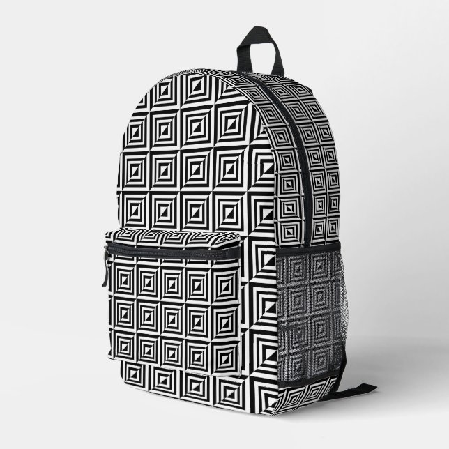 Geometrisches Schwarz-Weiß-Muster Bedruckter Rucksack (Rückseitige Ecke Rechts)