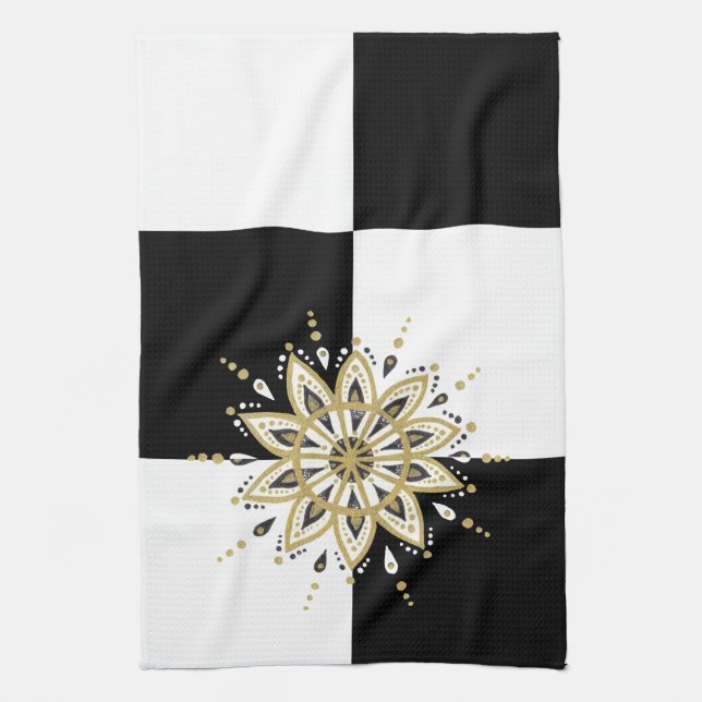Geometrisches Schwarzes Gold und Weiß Mandala 2a Küchentuch (Vertikal)