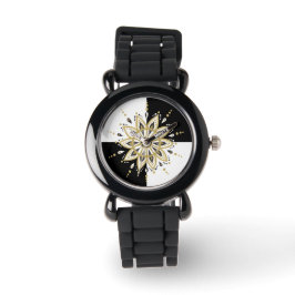 Geometrisches, schwarzes Gold und Weiß Mandalas Armbanduhr