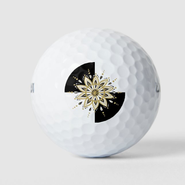 Geometrisches, schwarzes Gold und Weiß Mandalas Golfball (Vorderseite)