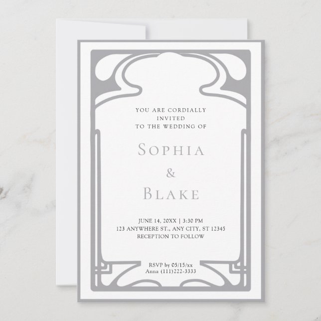 Geometrisches Silber und White Art Deco Hochzeit Einladung (Vorderseite)