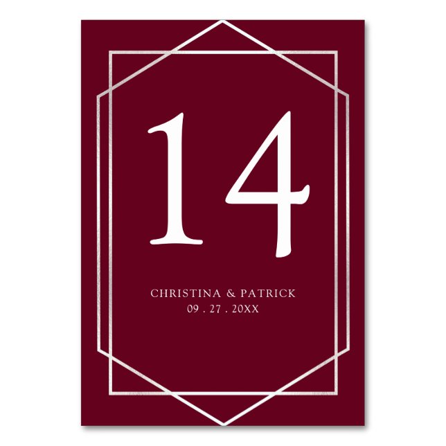 Geometrisches Silver & Burgundy Wedding Tischnumme Tischnummer (Vorderseite)
