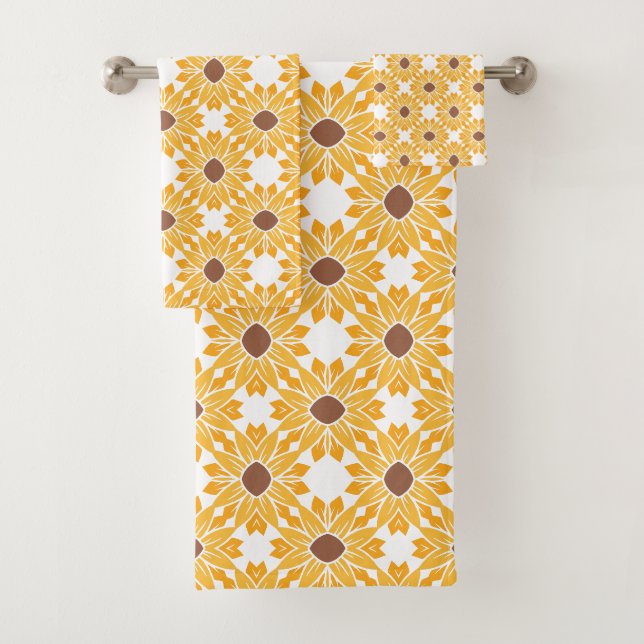 Geometrisches Sonnenblumenmuster auf Weiß Badhandtuch Set (Insitu)