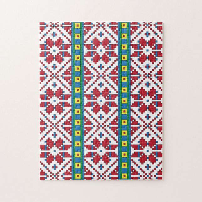Geometrisches Stammmuster rot, blau und weiß mit S (Vertikal)