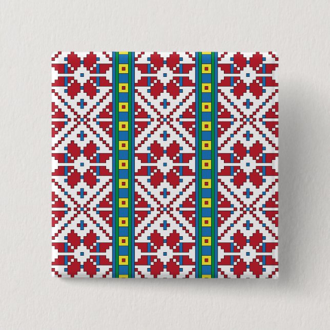 Geometrisches Stammmuster rot, blau und weiß mit S Button (Vorderseite)