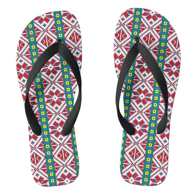 Geometrisches Stammmuster rot, blau und weiß mit S Flip Flops (Fußbett)