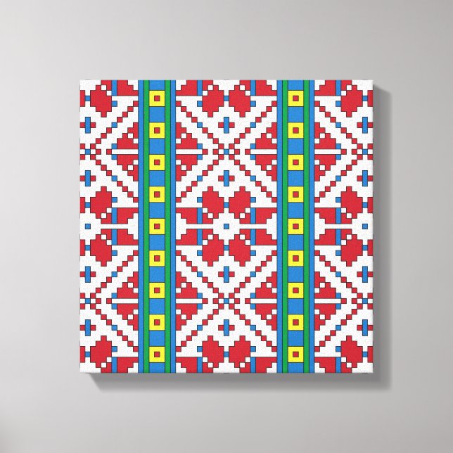 Geometrisches Stammmuster rot, blau und weiß mit S Leinwanddruck (Vorderseite)
