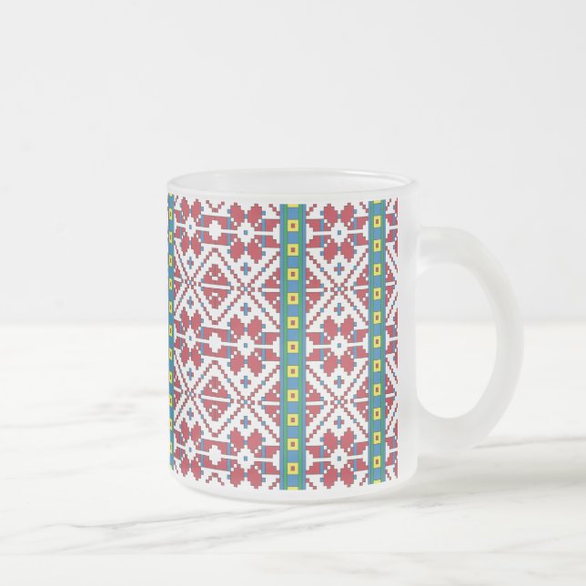 Geometrisches Stammmuster rot, blau und weiß mit S Mattglastasse (Rechts)
