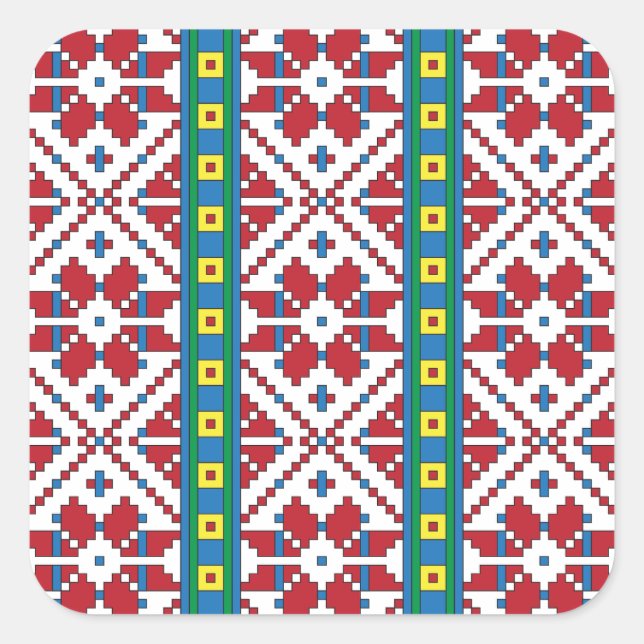 Geometrisches Stammmuster rot, blau und weiß mit S Quadratischer Aufkleber (Vorderseite)