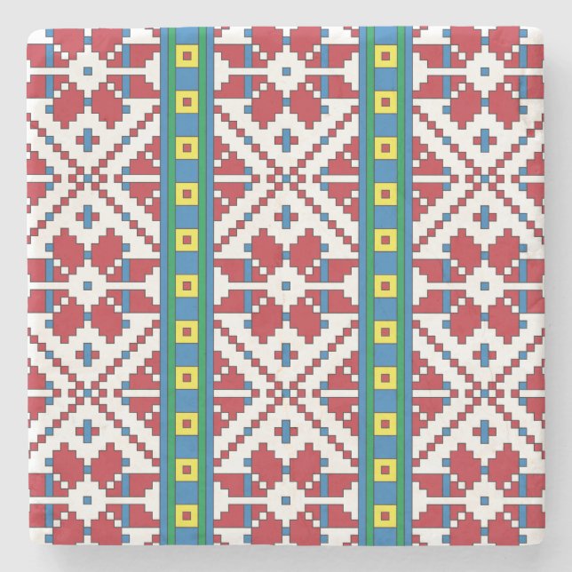 Geometrisches Stammmuster rot, blau und weiß mit S Steinuntersetzer (Vorderseite)