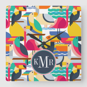 Geometrisches tropisches Monogramm der Vogel- Quadratische Wanduhr