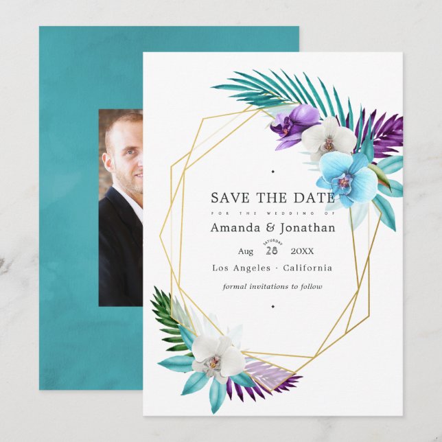 Geometrisches tropisches Orchideenhochzeitungs-Fot Save The Date (Vorne/Hinten)