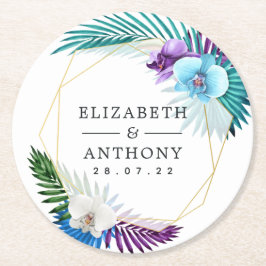 Geometrisches tropisches Orchids Beach Hochzeit Runder Pappuntersetzer