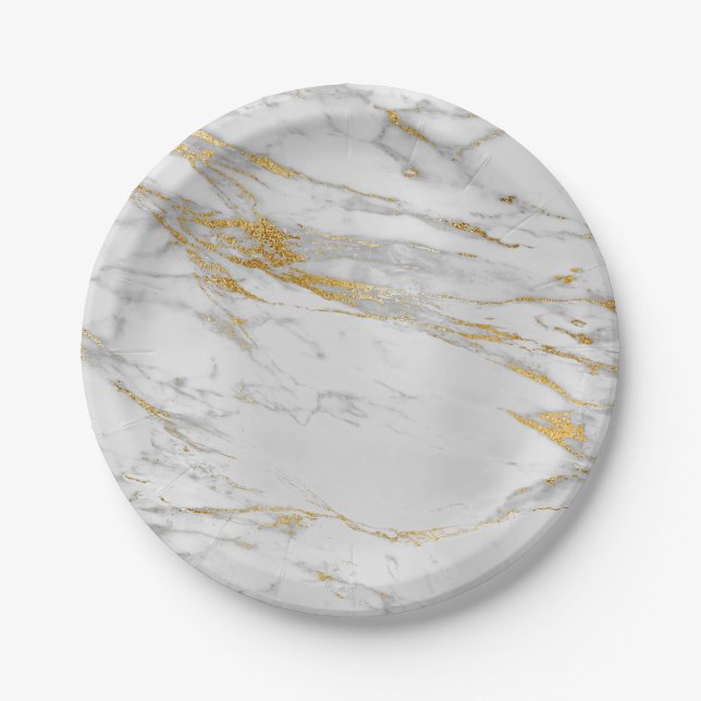 Geometrisches weißes graues Carrara-Gold-Marmor Pappteller (Vorderseite)