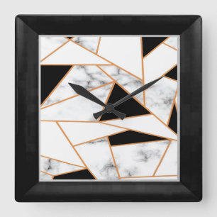 Geometrisches weißes Marmor in Gold, schwarz Quadratische Wanduhr