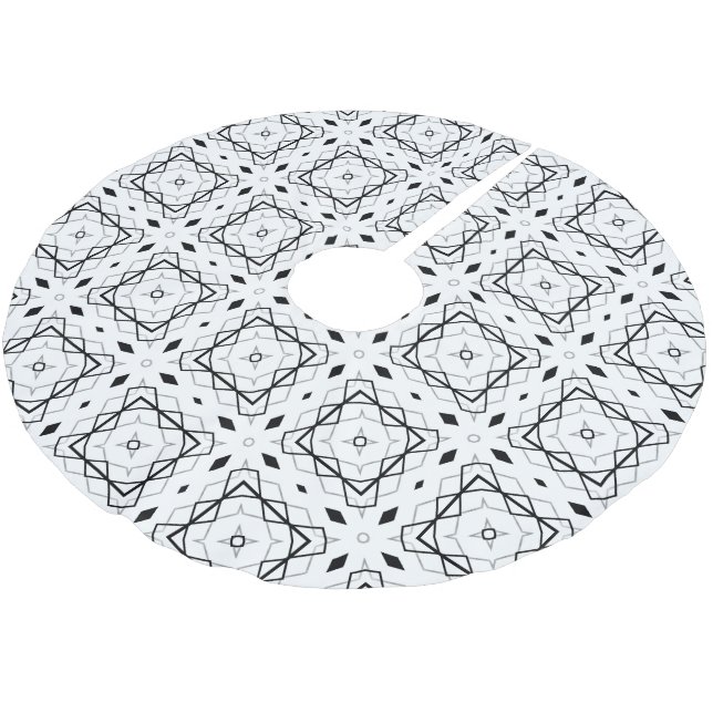 Geometrisches weißes Schwarz-Silber-Muster Polyester Weihnachtsbaumdecke (Schrägansicht)