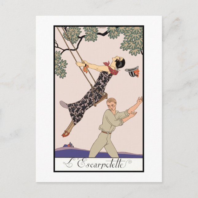 George Barbier Vintag Deko Fashion L'Escarpolette Postkarte (Vorderseite)