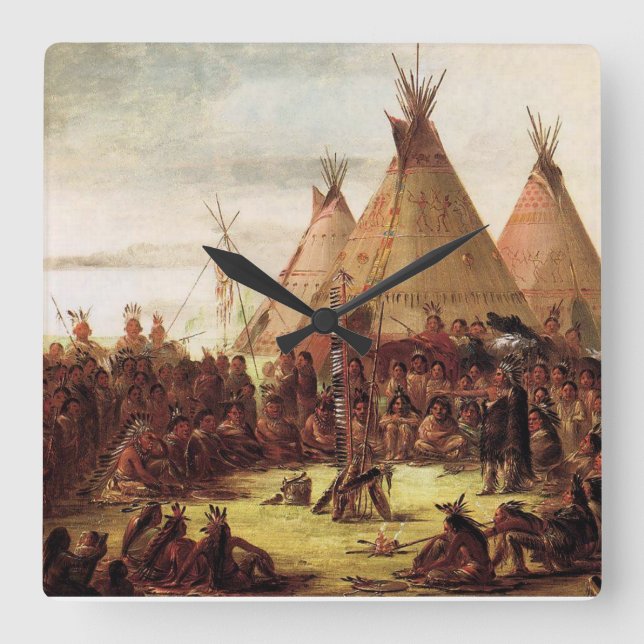 George Catlin Circa 1850, Sioux War Council Quadratische Wanduhr (Vorderseite)